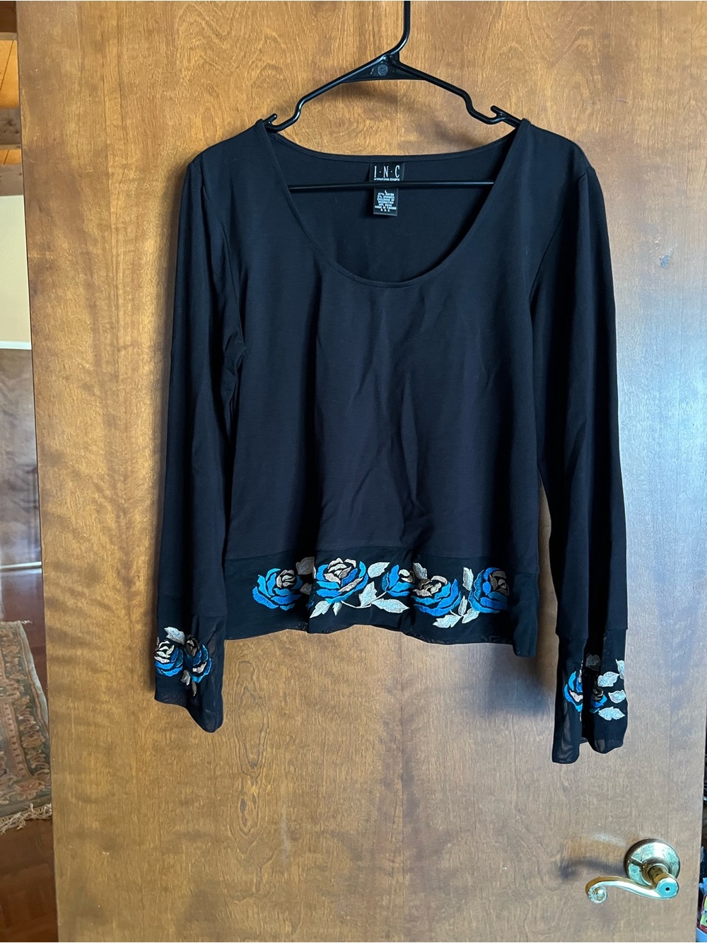 Black Long-Sleeve Top with Blue Rose Embroidery